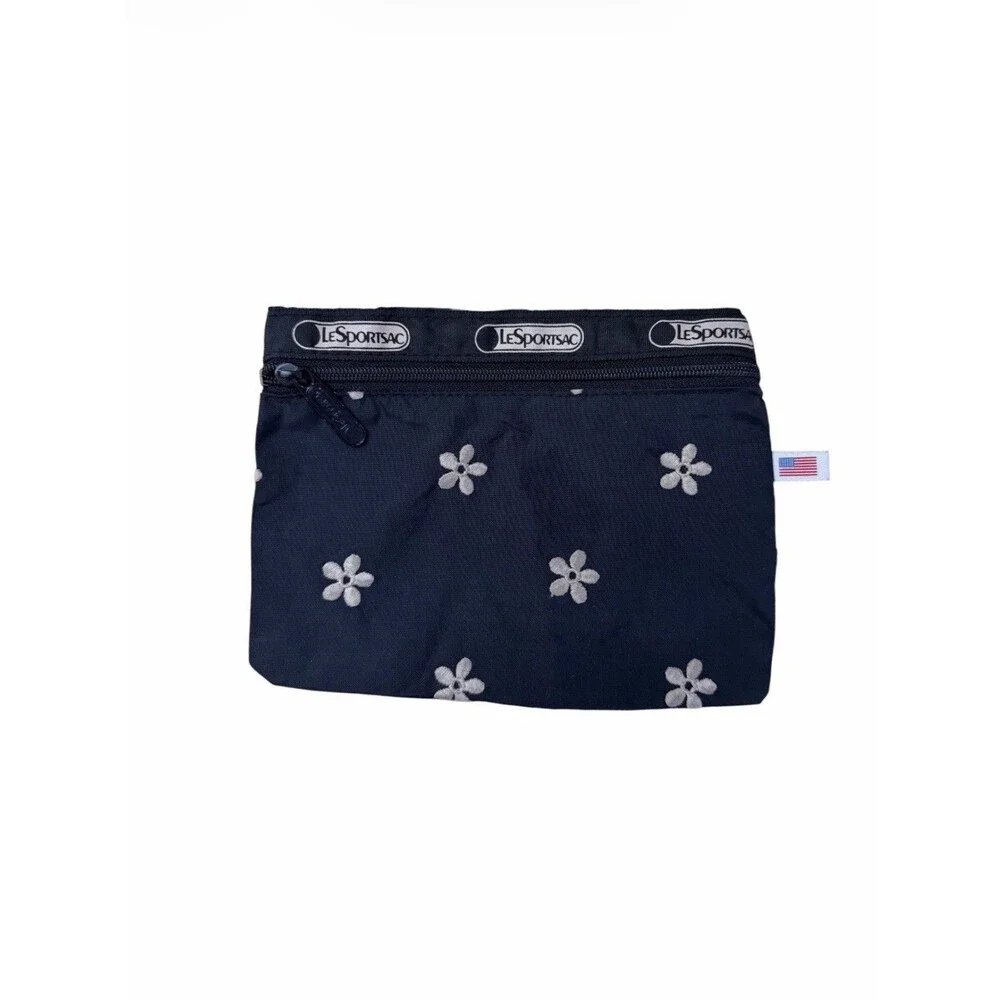 LeSportSac Black Beige Embroidered Flower Floral Cosmetic Clutch One Zipper